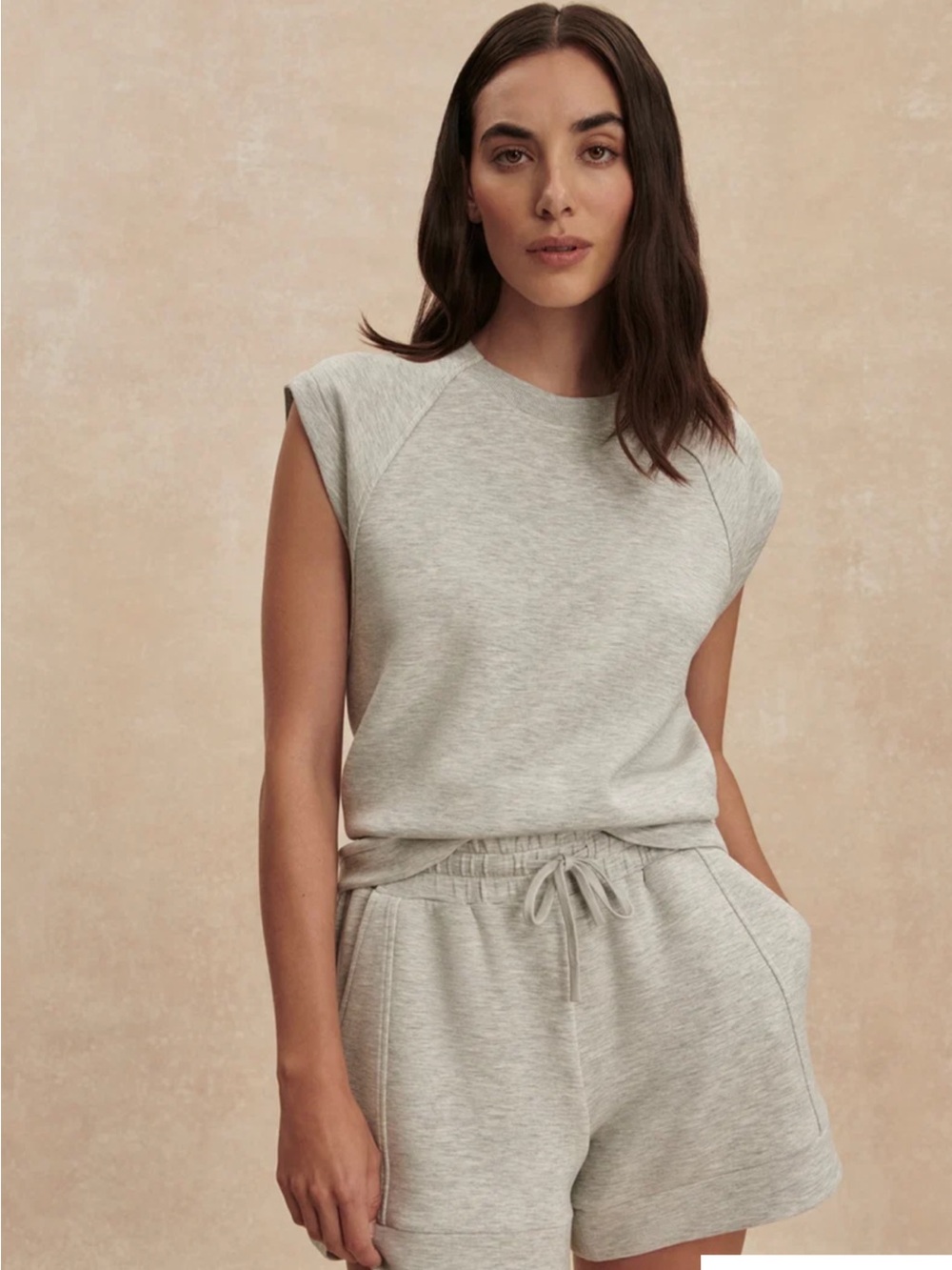 Varley Casual Short Sleeve Zip-Front Sweatshirt and Shorts Set in Light Oat